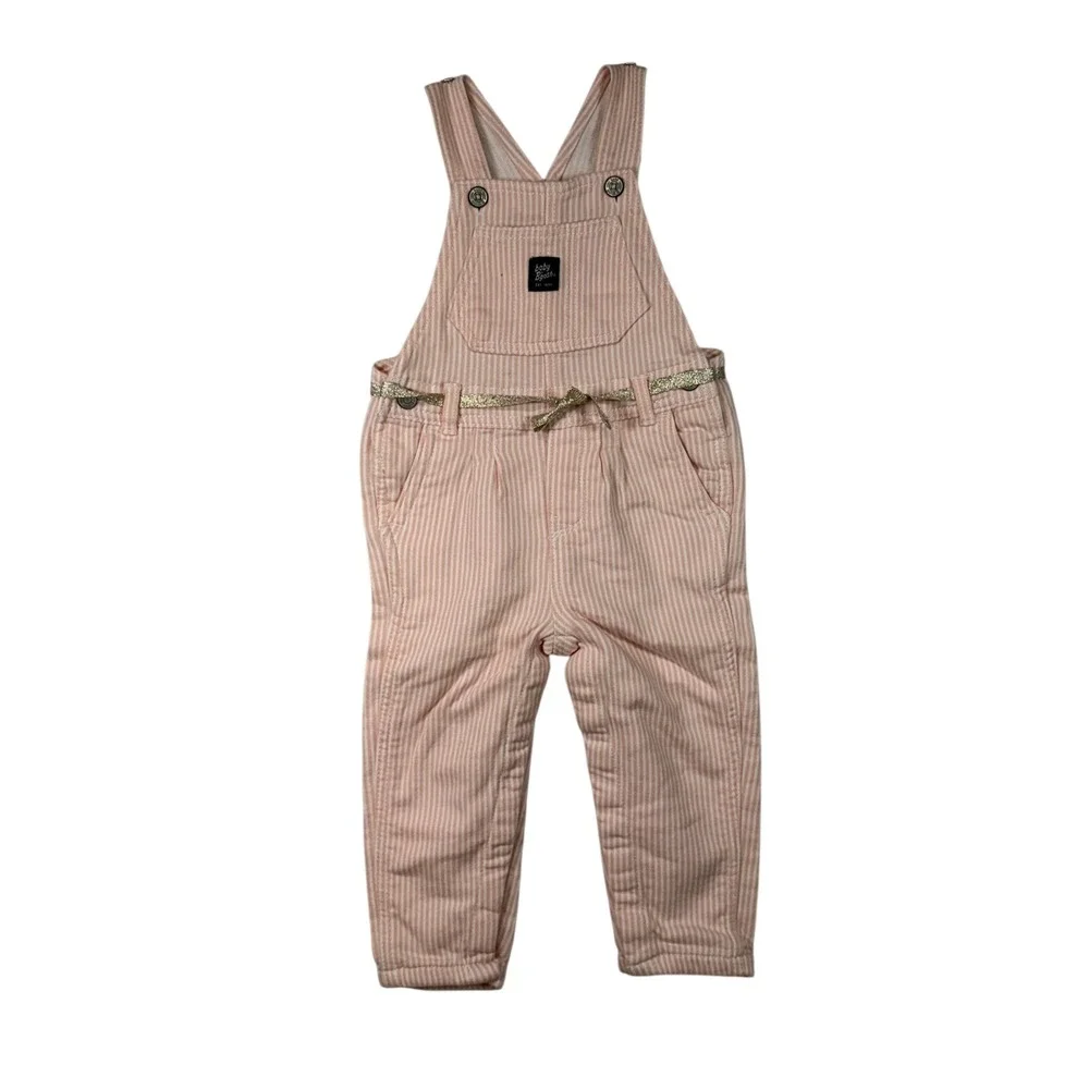 Baby OshKosh B'gosh Pink White Stripe Overalls Gold Trim‎ Bow Size 24 Months
